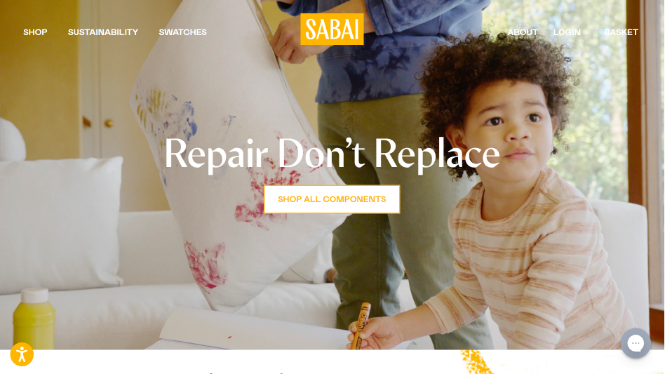 A screenshot of the Sabai Design website showing their 'Repair Don't Replace' page with a button linking to the replacement components